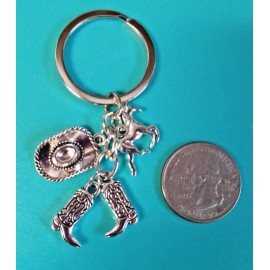 Unbranded Western Cowboy Boots Hat Horse Charm  Keyring Keychain Silver Tone 3D