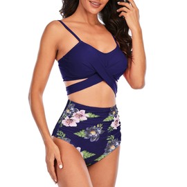 American Trends Traje de baño de dos piezas para mujer, traje de baño de cintura alta, traje de baño para mujer, Azul marino (Navy Print), 6-8