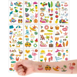 Qpout 12 Sheets Summer Beach Temporary Tattoos for Kids Adults, Watercolor Tropical Hawaiian Stickers, Flamingo Pineapple Watermelon Party Favors, Beach Birthday Party Supplies