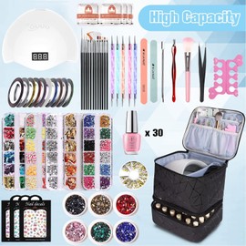 Organizador de esmalte de uñas con capacidad para 30 botellas (15 ml) y 1 luz de uñas, funda de transporte para esmalte de uñas con bolsillos de almacenamiento para herramientas de manicura, bolsa de