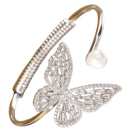 Aimimier Crystal Butterfly Pearl Bracelet Sparkling Butterfly Bangle Dainty Open Cuff Wedding Wrist Butterfly Jewelry for Women (Silver)