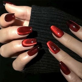 Burgundy Cat Eye Glue on Nails Coffin Short Press on Nails Gel Glitter Fake Nails Fashion Red Cat Eye Nails Press ons Kit Glossy Acrylic Nails Reusable Artificial False Nails for Girls and Women 30Pcs