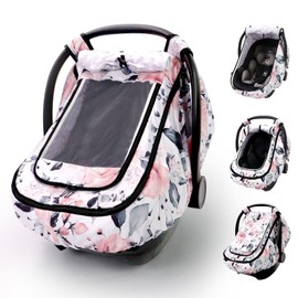 Sweetwavet Car Seat Cover Baby Girls, Infant Car Seat Canopy Outdoor, 2 Layers with Mesh and Sun Shade Window for Summer Winter, Easy Access Carseat Covers Snug Fit Baby Stroller - Pink Floral