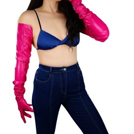 DooWay Fashion Super Long Leather Gloves for Women Oversize Loose Shoulder Length PU 35 Inches Hot Rose