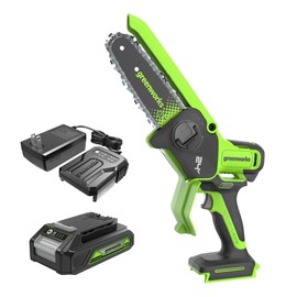 Greenworks 24V 6in BL Pruning Saw w/Auto Oiler, (1) 2.0Ah Battery & 2A Adapter Charger for Tree Trimming and Pruning