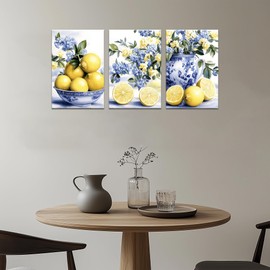 Hzddty Lemon Canvas Wall Art Set of 3, Rustic Floral and Fruit Still Life Painting Prints, Blue and Yellow Home Decor for Living Room Kitchen Bathroom and Dining Pantry, 18L x 12W x 3