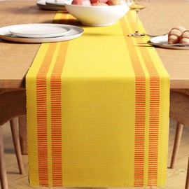 Encasa XO Dining Table Runner | Yarn Dyed Fine Ribbed Cotton | Size 32x150 cm | Ladder Lemon | Machine Washable
