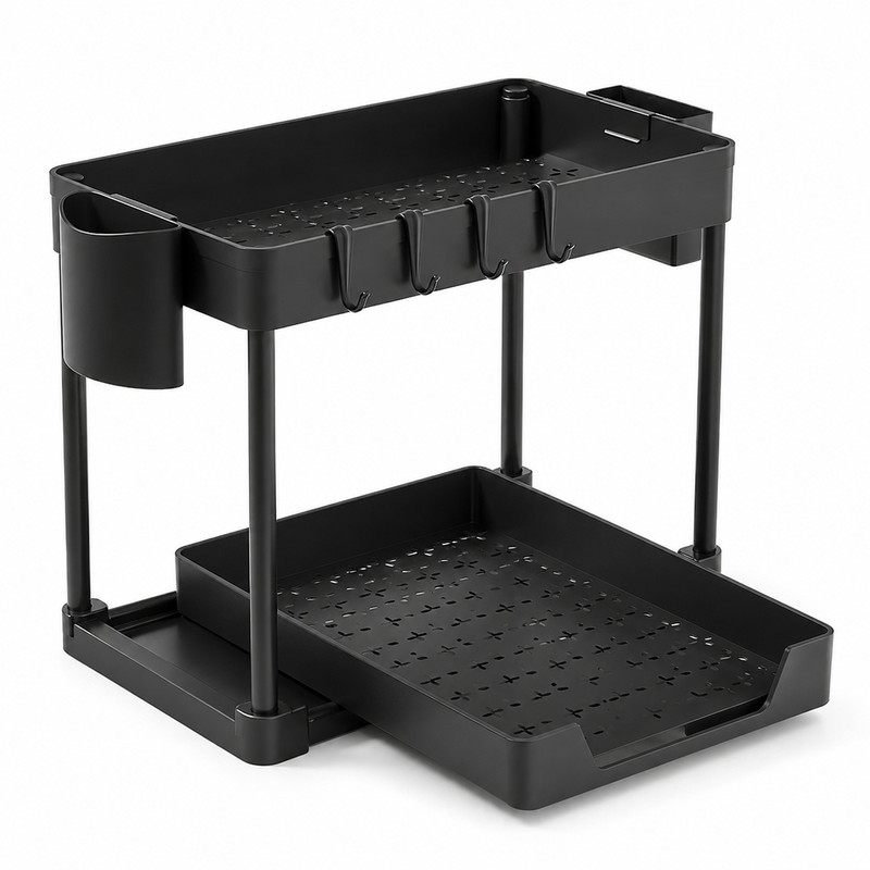 2-Tier Under Sink Organizer with Pull-Out Drawer & Hooks