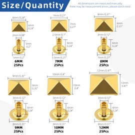 Glarks 150Pcs Gold Spike Rivet, 6mm 7mm 8mm 9mm 10mm 12mm Pyramid Rapid Rivet Studs Square Punk Spikes Leather craft Decoration for Clothing Belts Bags Shoes