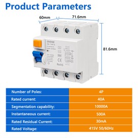 FI Circuit Breaker 40A 30mA 4-Pin FI Switch Type B RCD, 415V 50/60Hz, 10kA Protection, Automatic Fuse for Electrical Protection