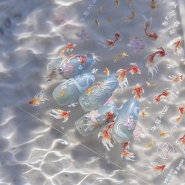 Goldfish Nail Art Stickers 5D Embossed Goldfish Nail Decals Self-Adhesive Glitter Koi Nails Design Stickers Spring Lotus Flower Nails Art Supplies for Women Girls DIY Manicure Decorations