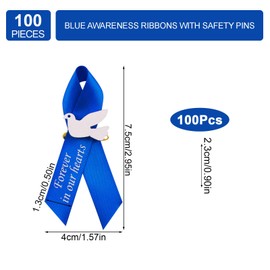 WANDIC 100 PCS Blue Satin Ribbon Pins with Dove, Memorial Ribbon Brooches in Forever in Our Hearts for Funeral Mourning Event Bereavement Remembrance