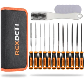 REXBETI 19Pcs Metal Needle File Set, Small Diamond Files, 12Pcs Jewlers Files and Steel Files for Precision Metal and Woodworking with 6Pcs Sandpaper, Metal Brush and Carry Case
