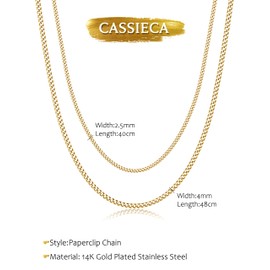 CASSIECA Women's Stainless Steel Necklace, Paper Clip Chain, Cuban Chain, Stackable Necklace, Gold, Silver, Rose Gold, Pack of 2