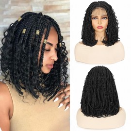 POSYTRESS Short Box Braided Bob Lace Front Wig for Black Women 14 Inch Goddess Box Braids Lace Wigs Synthetic Box Braiding Hair Black Color Bob Wigs for Women (1b Black)
