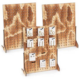 GlikCeil 3 Pcs Wooden Pegboard Display Stand for Craft Shows Jewelry Rack Organizer for Earring Necklaces Keychain Peg Board(Roast Color)