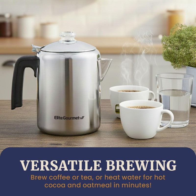 Elite Gourmet EC008 Classic Stovetop Coffee Percolator, Glass Clear Brew