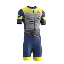 Crossedge Men’s Cycling Trisuit Unique Sublimated Design Padded, Quick-Dry and Breathable Half Sleeve Aerodynamic Skinsuit. (Medium, Blue/Yellow, One size)