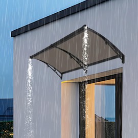 Awning for Door Window Exterior with Aluminum Bracket Front Door Overhang Awning with Black Bracket for Sun Shutter Rain Snow Protection Window Awnings Canopies (Black Bracket + Brown Shed)