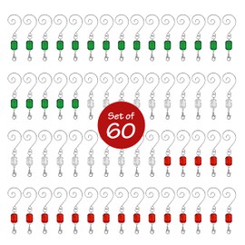 Christmas Ornament Hooks - Set of 60 Red, Green and Clear Beaded Hangers - Decorative Silver Wire S-Hook with Sparkling Gems - Holiday Seasonal Decorations Each is 3" L