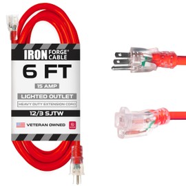 Iron Forge Cable 12 Gauge Extension Cord 6 ft, 12/3 SJTW 6 Foot Heavy Duty Extension Cord Outdoor 3 Prong, Weatherproof Red Electric Cord 15 Amp, Great for Major Appliances