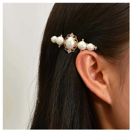 Xduargs French Pearl Barrette Hair Clip Gold Flower Pin Side Clip Vintage Pearl Metal Spring Hairpins CZ Wedding Cuff Barrettes Decorative Hair Accessories for Women Headdress