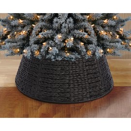 28" Christmas Tree Collar, Black Woven Christmas Tree Base Collar with Detachable Ribbon for Artificial Tree, Rustic Xmas Tree Collar for Home Farmhouse, Christmas Decorations Tree Skirt Collar