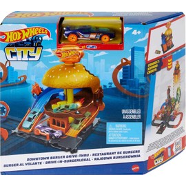 Hot Wheels City, Tienda de Hamburguesas, Pista de Juguete para niños de 4 años en adelante Compatible con Otros Sets