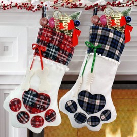 Pet Christmas Stocking, Dog Christmas Stocking with Large Paw, Xmas Fireplace Hanging Plaid Cat Stockings for Christmas Decorations and Holiday Decor, 18 x 11 Inch - 2 Pieces