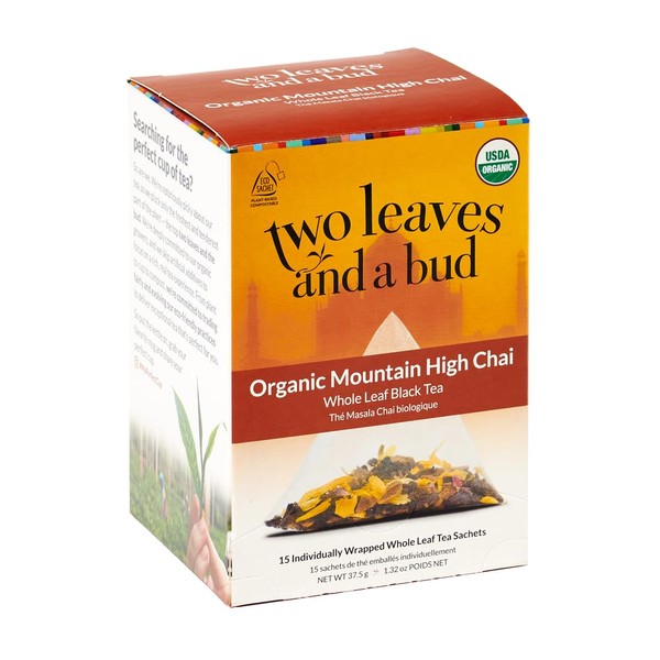 Two Leaves and a Bud Organic Mountain High Chai Tea Bags, Whole Leaf Black Tea and Spices in Compostable Sachets, Add Milk and Sweetener or Drink Plain, 15 Count (Pack of 1)