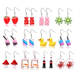 12/18 pares de arete divertidos lindos y extraños arete de hongos, peces dorados para botella de agua, aretes colgantes de té de leche a granel para mujeres, Zinc, No es una piedra preciosa