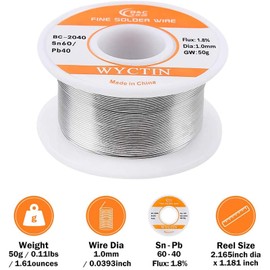 WYCTIN 60-40 Tin Lead Solder Wire Roll 1.8% Flux Soldering Wire Reel 1.0mm 50G