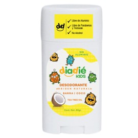 DIADIÉ kids, Desodorante natural, de coco, para Niños, Niñas, No tapa los poros, Elimina mal olor, kids, Desodorante en Barra, 60g, 1 Pack