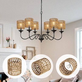 Chandelier Shades Set of 6, Small Rattan Lamp Shades Clip on Bulb, 5.1 x 5.1in Boho Lamp Shades Replacement, Mini Cylinder Woven Lampshade, Clip on Lamp Shade for Floor Lamp Pendant Light Wall Sconces