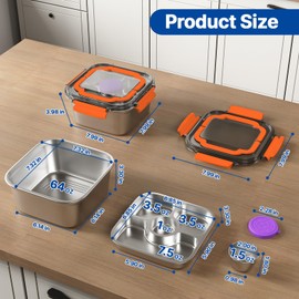 ENCYS Salad Container for Lunch Large-60-oz Salad Bowl with Lid,3 Compartment Bento-Style Tray and 1.5-oz Salad Dressings Container,Stainless Steel container with Lids, Lunch Box, Bento Box（Orange）