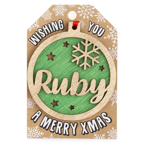 Personalised Wooden Ruby Name Green Hanging Christmas Tree Bauble Decoration