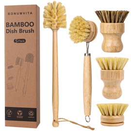 BOMUMVITA 5 Pack Bamboo Dish Brush Set with 14’’ Bottle Brush | Wooden Dish Brush with Natural Sisal & Palm Fiber, Natural Kitchen Scrub Brush for Dis