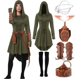 7 PCS Renaissance Costume Women Medieval Hooded Robe Lace Up Dress Renaissance Belt Leather Arm Pouch Accessory Green