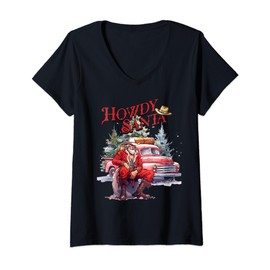 Western Christmas Santa Cowboy Red Howdy Red Truck V Neck T-Shirt, black