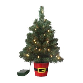 Haute Decor 20 Inch Potted Night Night Tree in Red Metal Santa Belt Pot (Classic Greenery with Clear Lights) - Christmas Night Light Tree