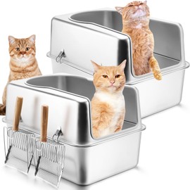 Teenyyou 2 Set Stainless Steel Cat Litter Box with Metal Lid and Scoop Enclosed Metal Litter Box for Large Cats Extra Large Stainless Steel Litter Box for All Cats Odor Control, Easy to Clean