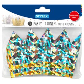 Stylex 14549 - Gold and Silver Hologram Effect Party Crowns with Elastic Band for Attaching, Pack of 5