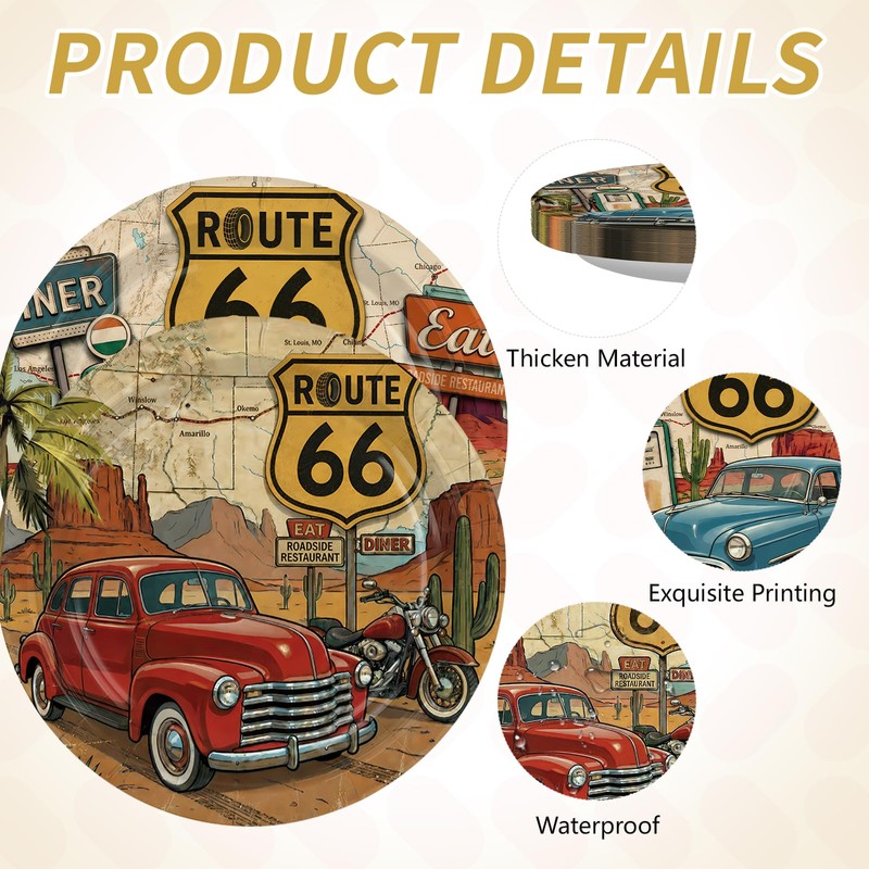 LADVCORP 50Pcs Route 66 Paper Plates 9" Disposable Heavy Duty