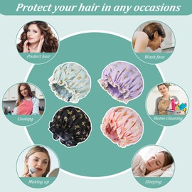 ElevateTech 4Pcs Shower Cap for Women, Double Waterproof Elastic Hair Hat Reusable Printed Adjustable Shower Cap Satin Lined (Pink Black Green Purple)