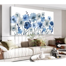 VEAEE Flowers Canvas Wall Art - Indigo Floral Canvas Pictures Living Room Wall Decor Botanical Canvas Prints Painting Abstract Artwork Bedroom Office Home Decor 24"x 48"