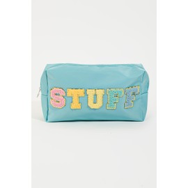 BLANK SLATE Stuff Print Travel Cosmetic Bag- Pink with Colorful Chenille Varsity Patch Letters, Portable Water Resistant Makeup Bag with Zipper (LIGHT BLUE)