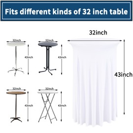REWOMC 4 Packs Round Cocktail Table Skirt 32"x 43" Spandex Stretch Cocktail Tablecloth with Wavy Drapes, White Spandex Fitted High Top Table Covers for Wedding Bar Party Birthday Banquet Table