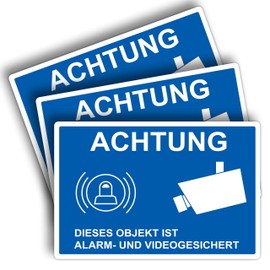 Strobo Achtung Dieses Objekt ist Alarm und Videogesichert Sign, 20 x 30 cm, Made From Sturdy PVC Hard Foam Board, 3 Mm, ‘This Area Is Under Video Surveillance’ Sign With UV Protection, Pack Of 3