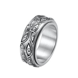 PMTIER Men's 9mm Vintage Stainless Steel Engraved Eye of God Rotatable Ring Silver Tone Size 14