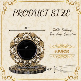 MAONAME Antique Charger Plates, 13" Octagonal Chargers for Dinner Plates, Black Plate Chargers Set of 6, Plastic Charger Plates for Table Setting, Wedding Decoration